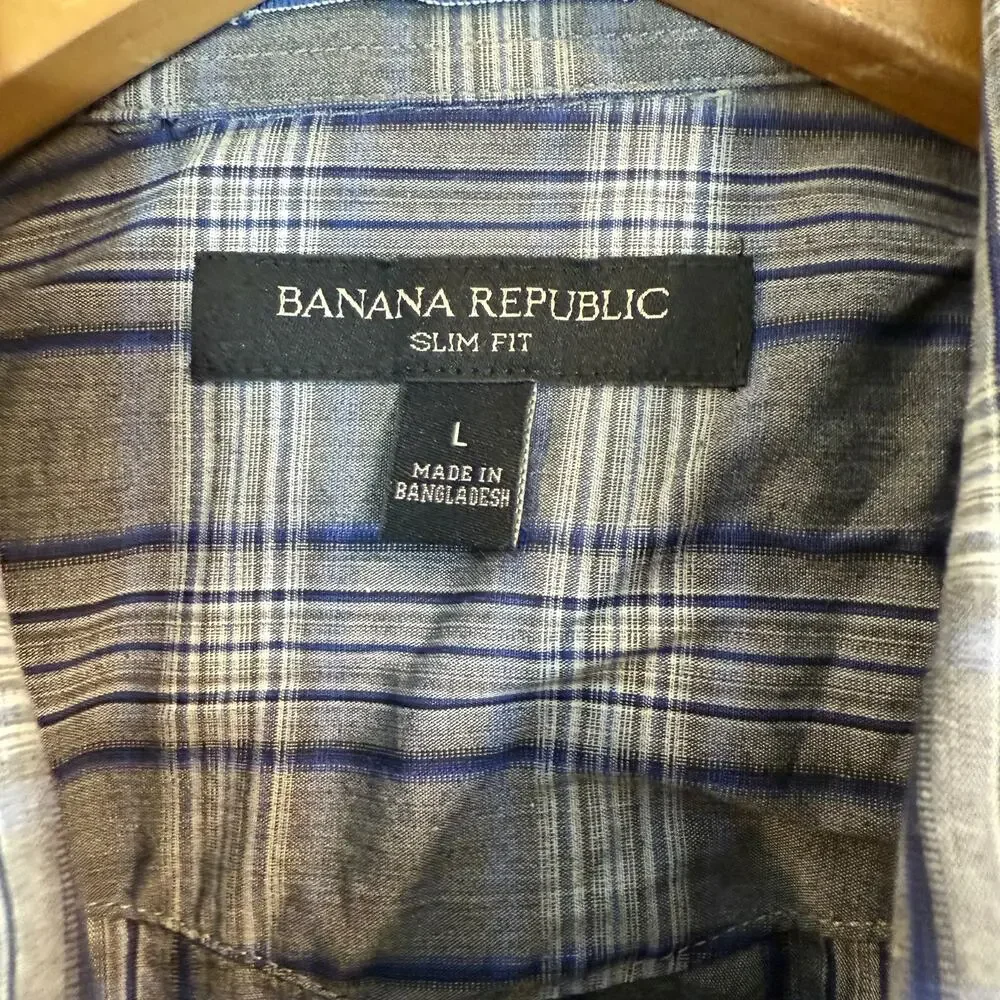 Banana Republic Slim Fit Blue Gray Plaid Check Western Shirt Peral Snap L Large